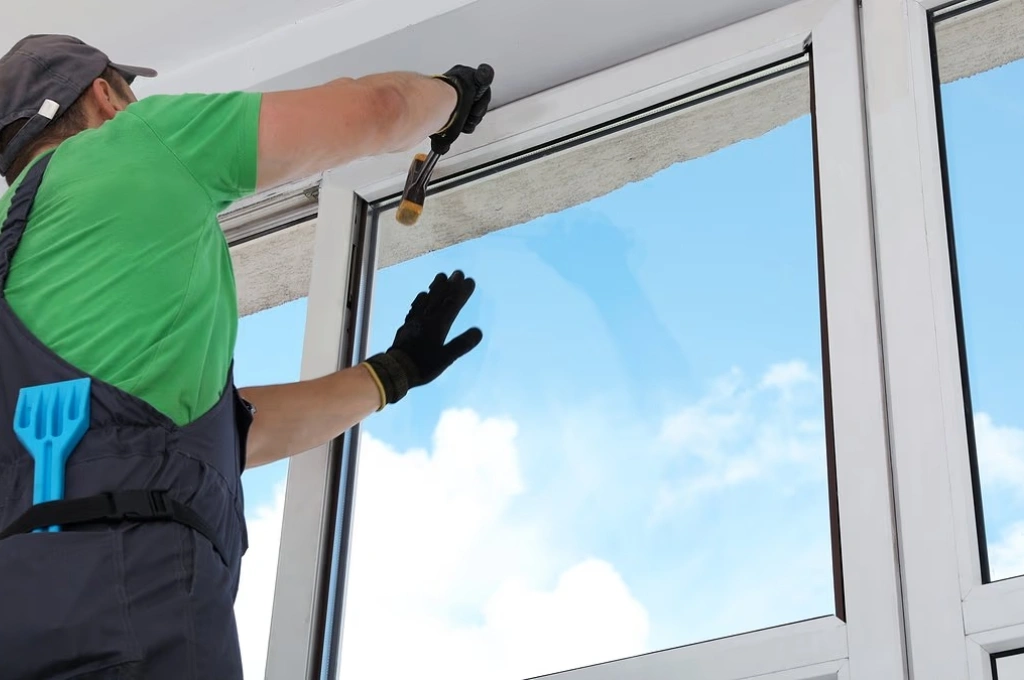 Close-up of expert technician replacing a window hinge and lock mechanism.