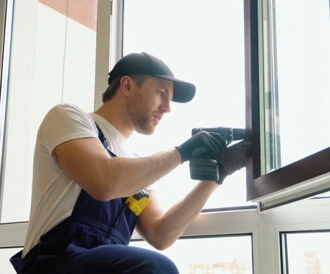 Expert RHS technician repairing a white PVC Window Repair mechanism with the Rock of Gibraltar in the background.