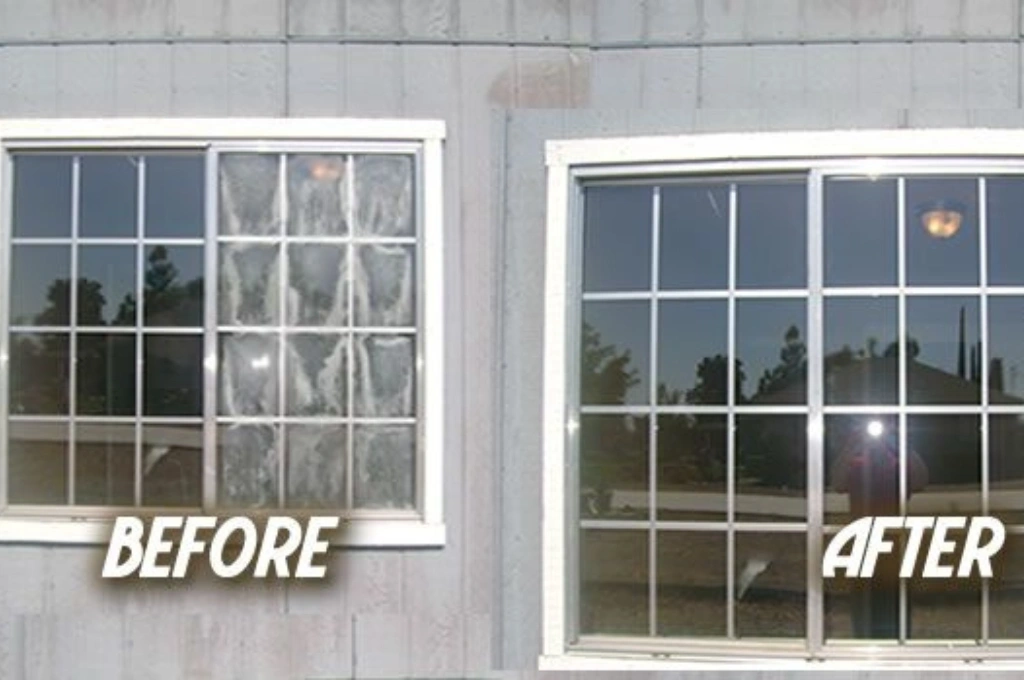 Split before-and-after image showing a jammed, foggy window restored to crystal clear, fully operational condition in Gibraltar.